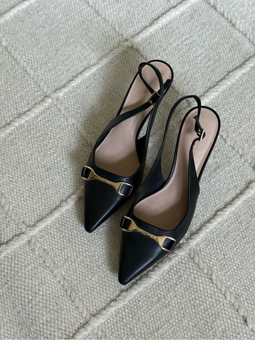 Charles & Keith Black Pointed Slingback Heels with Gold Trim